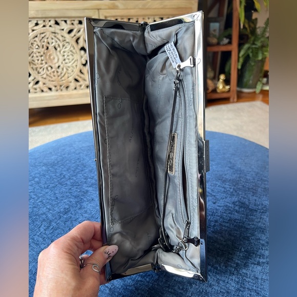 Aldo Metallic Silver-Gold Folded Clutch Gunmetal Herringbone Chain - Picture 5 of 9